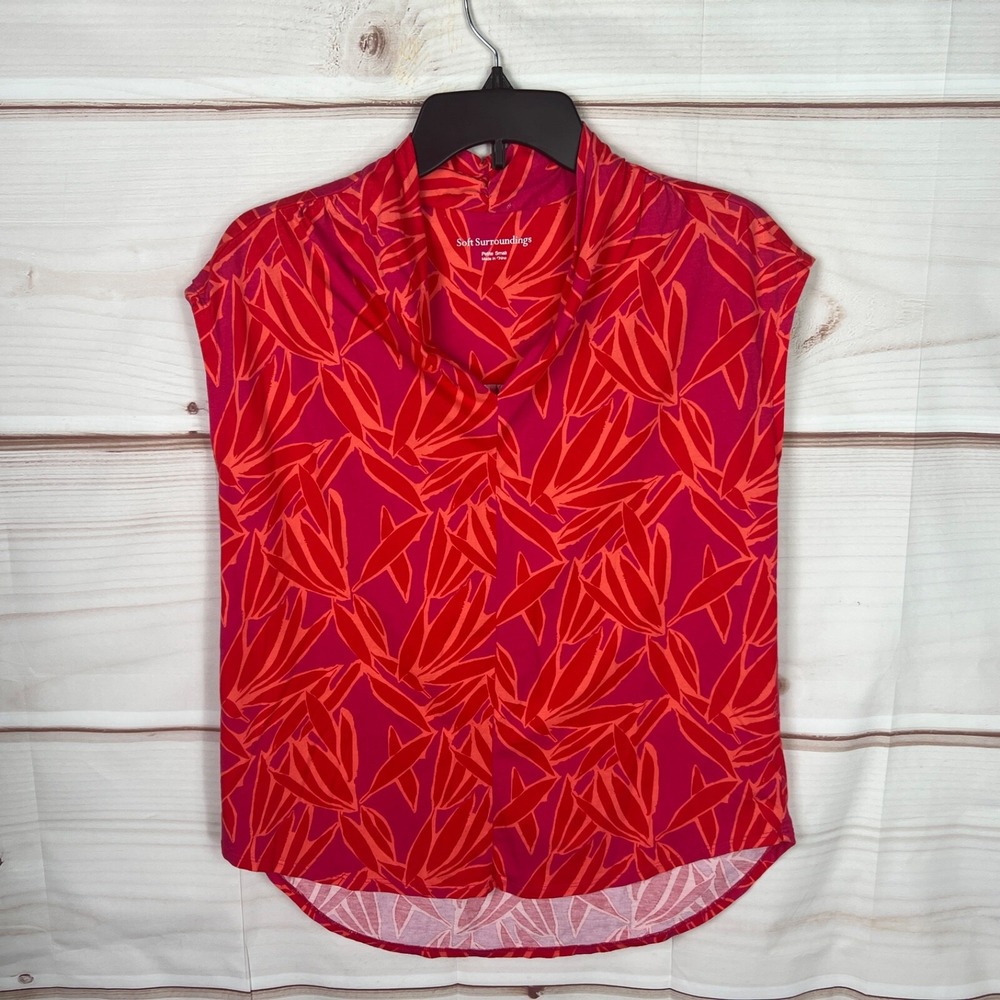 Soft Surroundings Top Womens PS Pink Orange Leaf Print Blouse V-Neck Cap Sleeve